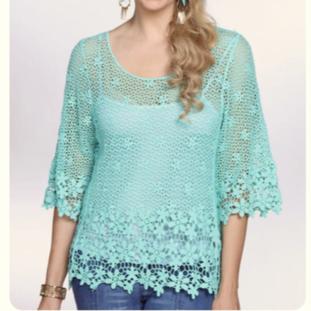 Teal lace floral mesh elbow length blouse NWT